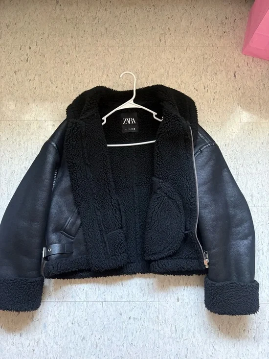 Zara Black Leather Sherpa Jacket - Picture 3 of 4